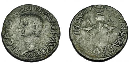 36 - HISPANIA ANTIGUA. ILICI. Tiberio. Semis. A/ Cabeza a izq.; TI CAESAR DIVI AVG F AVG P M. R/ Dos aquilae, en medio vexillum; C II ALTER LON L PAP AVIT (II) VIR Q. AE 5,99 g. 22,11 mm. I-1529. APRH-199. ACIP-3210. Pátina oscura. BC+/MBC-.