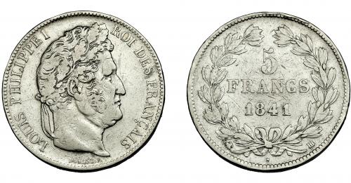 368   -  MONEDAS EXTRANJERAS. FRANCIA. 5 Francos. 1841. BB. Marcas. MBC-. 
