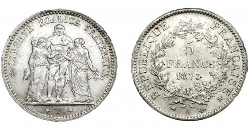 369 - MONEDAS EXTRANJERAS. FRANCIA. 5 Francos. 1873, KM- 820.1. Pequeñas marcas. B.O. EBC.