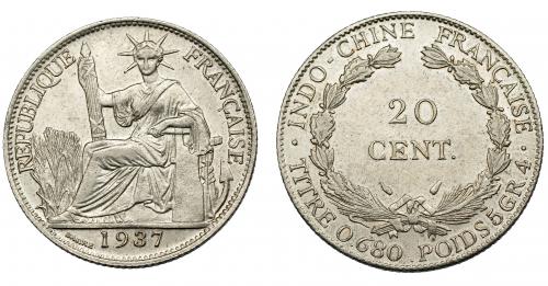 372   -  MONEDAS EXTRANJERAS. INDOCHINA FRANCESA. 20 centavos. 1937. MBC+.