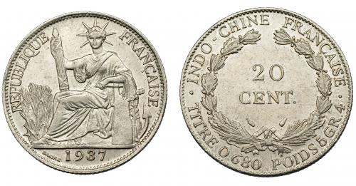 372 - MONEDAS EXTRANJERAS. INDOCHINA FRANCESA. 20 centavos. 1937. MBC+.