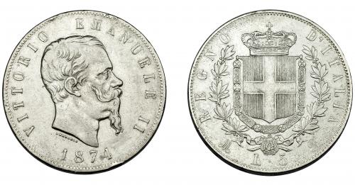 373 - MONEDAS EXTRANJERAS. ITALIA. Víctor Manuel II. 5 liras. 1874. Milán. KM-8.3. MBC.
