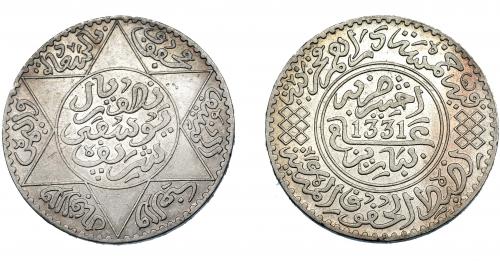 374 - MONEDAS EXTRANJERAS. MARRUECOS. Yusuf 1/2 Rial. París (1331H). Y-32. EBC+.