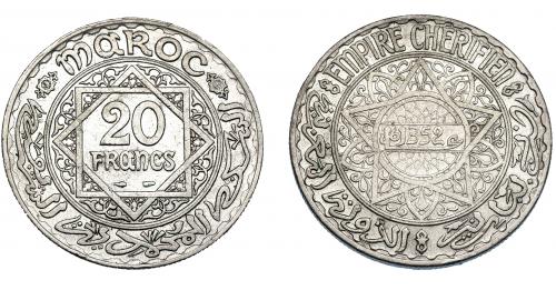 375 - MONEDAS EXTRANJERAS. MARRUECOS. 20 Francos. Mahammed V (1352H). Y-39. MBc.