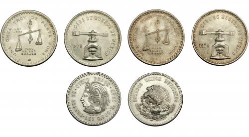 377   -  MONEDAS EXTRANJERAS. MÉXICO.  Lote de 3 monedas. 5 pesos (1947) y 2 onzas troy (1979). EBC/SC.