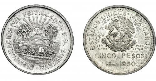 382 - MONEDAS EXTRANJERAS. MÉXICO. 5 Pesos. 1950. Ciudad de México. KM-466. EBC.