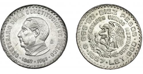 383 - MONEDAS EXTRANJERAS. MÉXICO. 10 Pesos. 1957. Ciudad de México. KM-475. EBC.