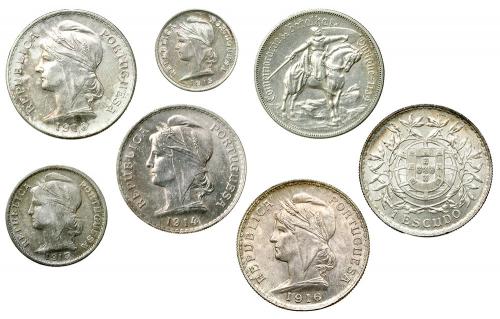 385 - MONEDAS EXTRANJERAS. PORTUGAL. Lote de 7 monedas: 10 centavos, 1915; 10 de 1913; 50 de 1914 y 1916; 10 escudos 1928. De EBC- a SC.