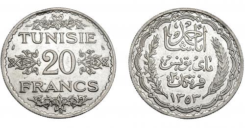 389 - MONEDAS EXTRANJERAS. TÚNEZ. 20 Francos. 1358H. KM-266. EBC.