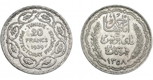 390 - MONEDAS EXTRANJERAS. TÚNEZ. 20 Francos. 1353H. KM-263. EBC.