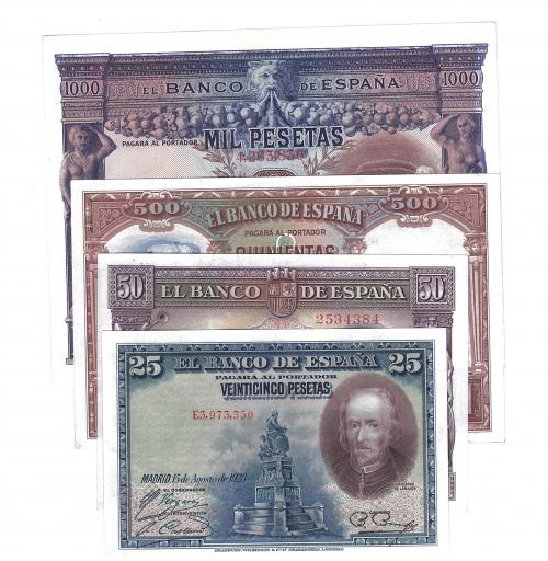 396 - BILLETES ESPAÑOLES. BANCO DE ESPAÑA. Lote de 4 billetes. 25 Pesetas 8-1928; 50 pesetas 7-1935; 500 pesetas 4-1931; 1000 pesetas 7-1925. El primero con una pequeña arruga. SC.