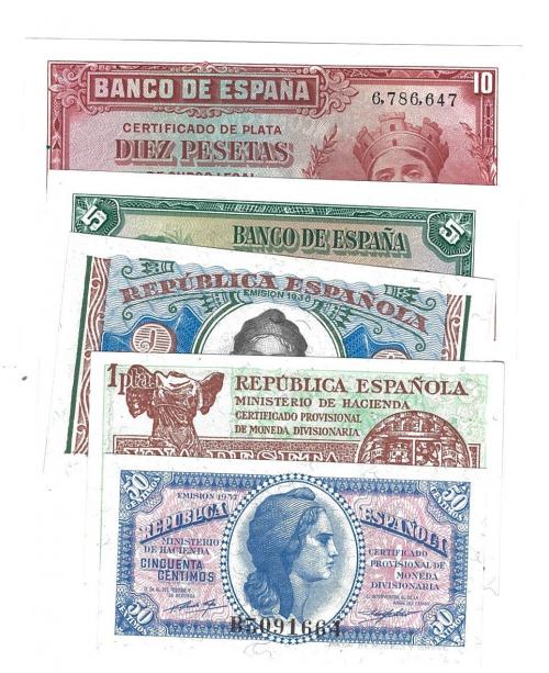 397 - BILLETES ESPAÑOLES. BANCO DE ESPAÑA. Lote de 5 billetes de la República.1935-1937.50 céntimos, 1, 2, 5 y 10 pesetas SC.