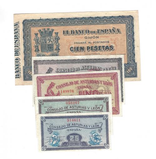 398 - BILLETES ESPAÑOLES. BANCO DE ESPAÑA. Lote cinco billetes de Asturias y León. Sin firma. 25 céntimos, 40 céntimos, 1 peseta, 2 pesetas y 100 pesetas. B. E en Gijón. 9-1937. SC.