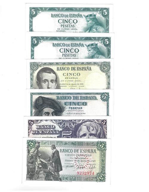 401 - BILLETES ESPAÑOLES. BANCO DE ESPAÑA. Lote de 6 billetes de 5 ptas sin serie. 6-1945 ED-D50 ; 4-1947 ED-D55; 3-1948 ED-D56; 8-1951 ED- D60; 7-1954(2) ED- D67. SC.