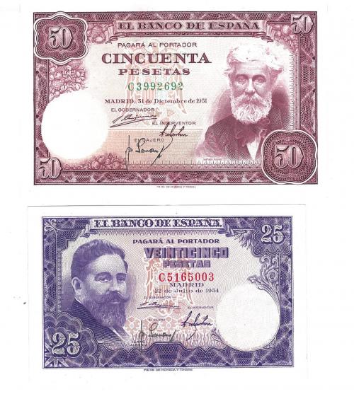 403 - BILLETES ESPAÑOLES. BANCO DE ESPAÑA. Lote de 2 billetes de 50 ptas. del 12-1951 y 25 ptas. 7-1954. Serie C. SC.