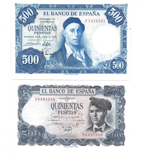 405 - BILLETES ESPAÑOLES. BANCO DE ESPAÑA. Lote de 2 billetes de 500 ptas. 7-1954 Serie F y 7-1971 Serie S. Ligeras arrugas en el primero. SC.
