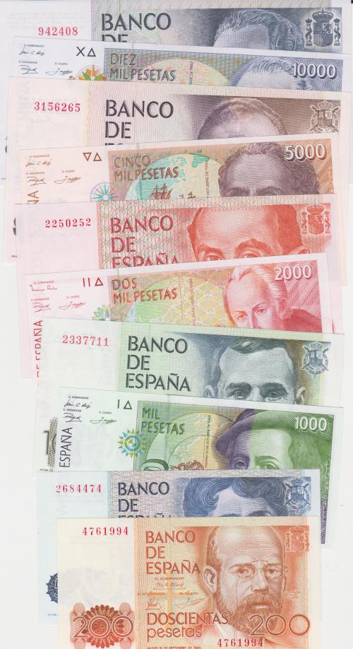 406 - BILLETES ESPAÑOLES. BANCO DE ESPAÑA. Lote de 10 billetes sin serie. 1000 ptas. 1985 y 1992; 5000 ptas. 1979 y 1992; 2000 ptas. 1980 y 1992; 1000 ptas. 1979 y 1992; 500 ptas. 1979; 200 ptas. 1980. SC.