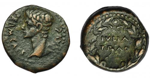 41 - HISPANIA ANTIGUA. IULIA TRADUCTA. Augusto. As. A/ Cabeza a izq. R/ Corona rodeando IVLIA/TRAD. AE 9,49 g. 25,4 mm. I-1614. APRH-108. ACIP-3352. MBC.