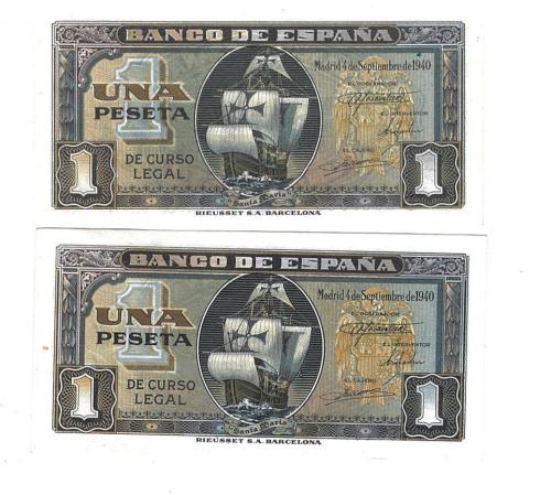 411   -  BILLETES ESPAÑOLES. BANCO DE ESPAÑA. Lote de 2 billetes de 1 Peseta. 9-1940. Sin serie y serie D. ED- D43 y 43a. SC