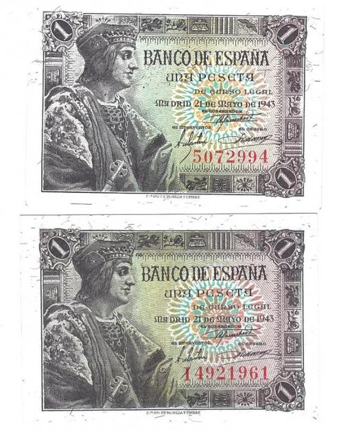 412   -  BILLETES ESPAÑOLES. BANCO DE ESPAÑA. Lote de dos billetes de 1 Peseta. 5-1943. Sin serie y serie I. ED- D48 y 48a. SC