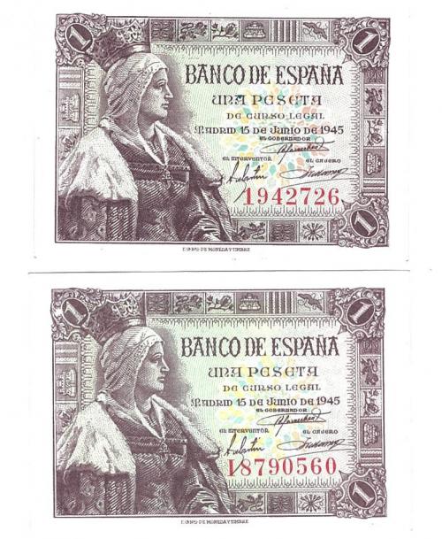 413   -  BILLETES ESPAÑOLES. BANCO DE ESPAÑA. Lote de 2 billetes de 1 Peseta. 6-1945. Sin serie y serie I. ED- D49 y 49a. SC