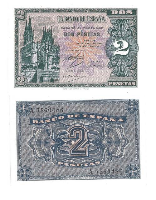 414   -  BILLETES ESPAÑOLES. BANCO DE ESPAÑA. 2 Pesetas. 4-1938. Serie A. ED-D30. S.C.