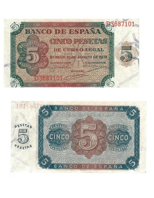 415   -  BILLETES ESPAÑOLES. BANCO DE ESPAÑA. 5 Pesetas. 9-1938. Serie D. ED-D36a. S.C.