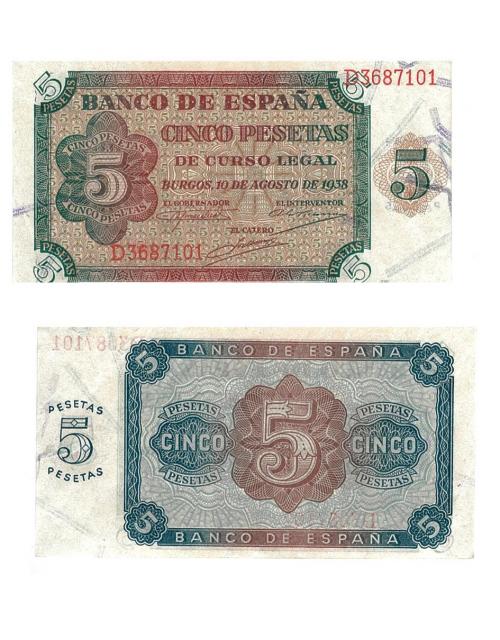 415 - BILLETES ESPAÑOLES. BANCO DE ESPAÑA. 5 Pesetas. 9-1938. Serie D. ED-D36a. S.C.