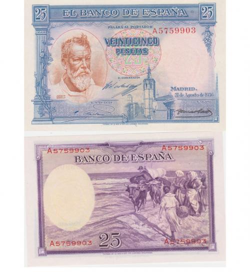 417 - BILLETES ESPAÑOLES. BANCO DE ESPAÑA. 25 Pesetas. 8-1936. Serie A. ED-C18a. S.C.