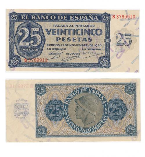 418 - BILLETES ESPAÑOLES. BANCO DE ESPAÑA. 25 Pesetas. 11-1936. Serie S. ED-D20a. S.C.