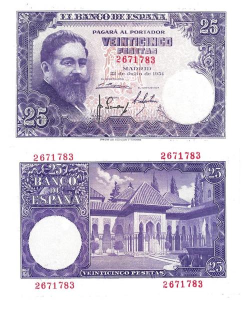 420 - BILLETES ESPAÑOLES. BANCO DE ESPAÑA. 25 Pesetas. 7-1954. Sin serie. ED- D68. SC.