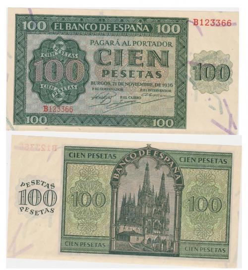 423 - BILLETES ESPAÑOLES. BANCO DE ESPAÑA. 100 Pesetas. 11-1936. Serie B. ED- D22a. SC.