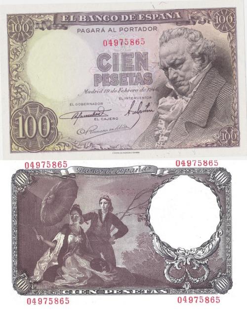 424 - BILLETES ESPAÑOLES. BANCO DE ESPAÑA. 100 Pesetas. 2-1946. Sin serie. ED- D52. Mínima arrgua. SC.