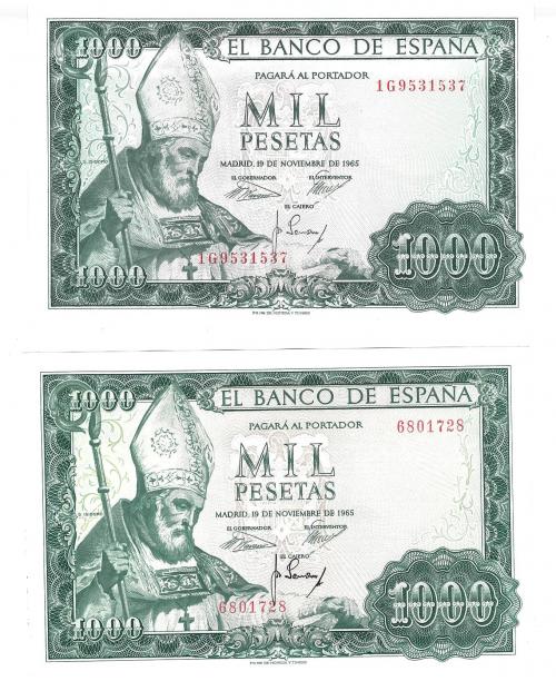 428 - BILLETES ESPAÑOLES. BANCO DE ESPAÑA. Lote de dos billetes de 1000 Pesetas.11-1965. Sin serie y Serie 1G. ED- D72 y 72a. SC