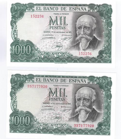 429   -  BILLETES ESPAÑOLES. BANCO DE ESPAÑA. Lote de dos billetes de 1000 Pesetas. 9-1971. Sin serie y serie 3S. ED- A75 y T5b. SC