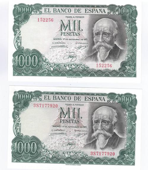 429 - BILLETES ESPAÑOLES. BANCO DE ESPAÑA. Lote de dos billetes de 1000 Pesetas. 9-1971. Sin serie y serie 3S. ED- A75 y T5b. SC