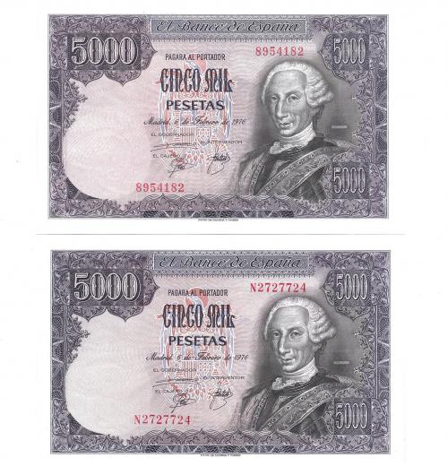 430 - BILLETES ESPAÑOLES. BANCO DE ESPAÑA. Lote de dos billetes de 5000 Pesetas. 1976. Sin serie y serie N. ED- E1Y1a. SC.