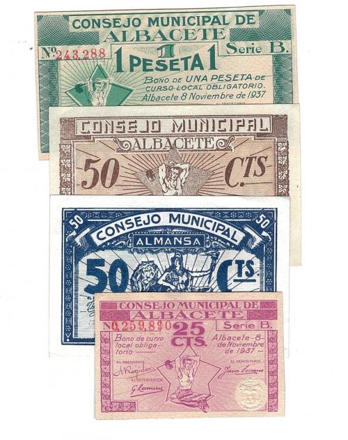 431 - BILLETES LOCALES. Lote de 4 billetes. 25 céntimos, 50 céntimos y 1 peseta. Consejo Municipal de Albacete. 11-1937. Sello nulo para coleccionistas en la peseta. 50 céntimos del Consejo Municipal de Almansa. Sin firma. MG39 A, B y C y MG133 B. De EBC+ a SC+.