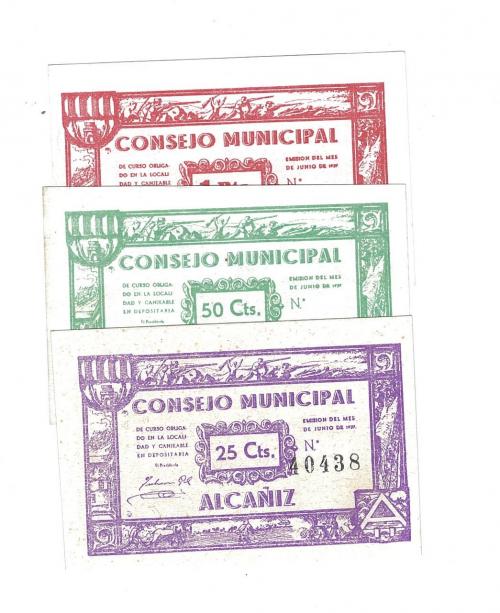 433   -  BILLETES LOCALES. Lote de 3 billetes. 25 céntavos, 50 céntavos y 1 peseta. Consejo Municipal de Alcañiz. 6-1937. MG-75 DEF. EBC+ a SC.