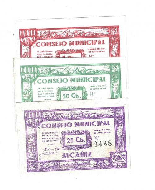 433 - BILLETES LOCALES. Lote de 3 billetes. 25 céntavos, 50 céntavos y 1 peseta. Consejo Municipal de Alcañiz. 6-1937. MG-75 DEF. EBC+ a SC.