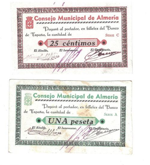 434   -  BILLETES LOCALES. Lote de 2 billetes. 25 céntimos y 1 peseta. Consejo Municipal de Almería. Sin firma.  MG139 A y C. SC y SC con mucho óxido.