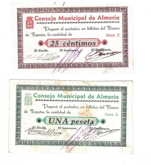 434 - BILLETES LOCALES. Lote de 2 billetes. 25 céntimos y 1 peseta. Consejo Municipal de Almería. Sin firma. MG139 A y C. SC y SC con mucho óxido.