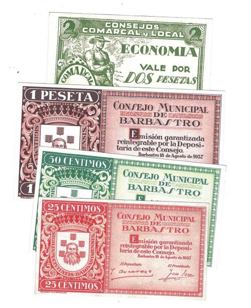435 - BILLETES LOCALES. Lote de 4 billetes. 25 céntimos y 1 peseta. Consejo Municipal de Barbastro. 8-1937. Consejo comarcal y rural de Barbastro. 2 pesetas sin firma. MG-232 A,B,C y E. EBC+ a SC.