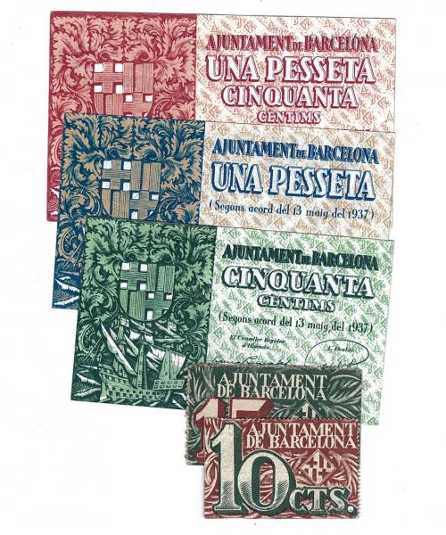 436 - BILLETES LOCALES. Lote de 5 billetes. 10 céntimos, 15 céntimos, 50 céntimos, 1 pesetas y 1,50 pesetas. Barcelona. 1937. MG-236 A, B, C, D y E. EBC+ a SC.