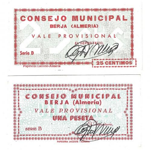 437 - BILLETES LOCALES. Lote de 2 billetes. 25 céntimos y 1 peseta. Consejo Municipal de Berja. Sin firma. MG-326 A y C. EE. MBC+ a SC.