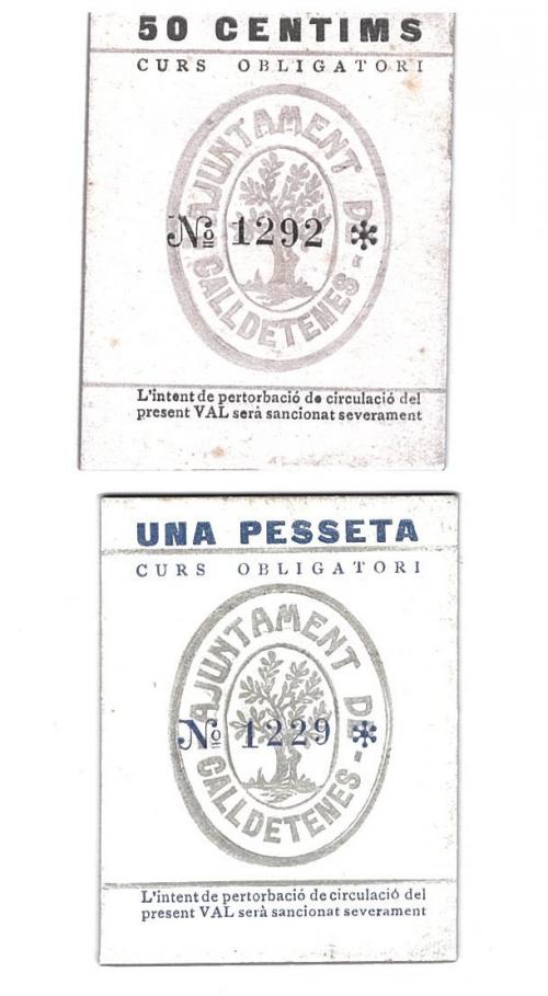 438 - BILLETES LOCALES. Lote de 2 billetes. 50 céntimos y 1 peseta. Caldetenes. Sin firma. MG-404 A y B. EE.