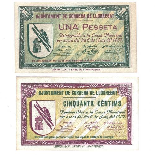 439 - BILLETES LOCALES. Lote de 2 billetes. 50 céntimos y 1 peseta. Corbera de Llobregat. 6- 1937. mg- 547 A y B. E. EBC+.