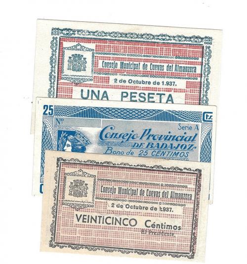 440 - BILLETES LOCALES. Lote de 3 billetes. 25 céntimos y 1 peseta. Consejo Municipal de Cuevas de Almanzora. Sin fecha ni firma. MG-507 B y D. Consejo Provincial de Badajoz. 10-1937. Nulo para coleccionistas. En rev. SC en anv. graffiti.
