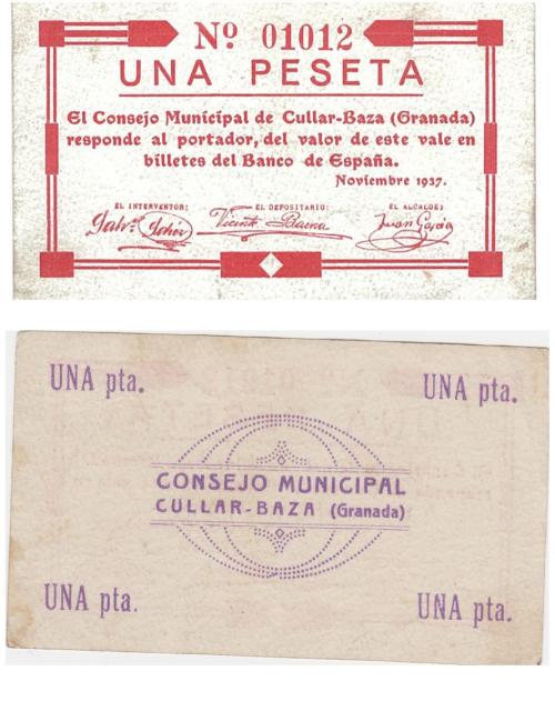 441   -  BILLETES LOCALES. 1 peseta del Consejo Municipal de Cúllar-Baza. 11-1937. MG-570 D. MBC+. 