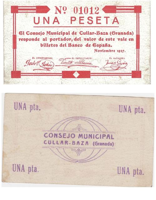 441 - BILLETES LOCALES. 1 peseta del Consejo Municipal de Cúllar-Baza. 11-1937. MG-570 D. MBC+.